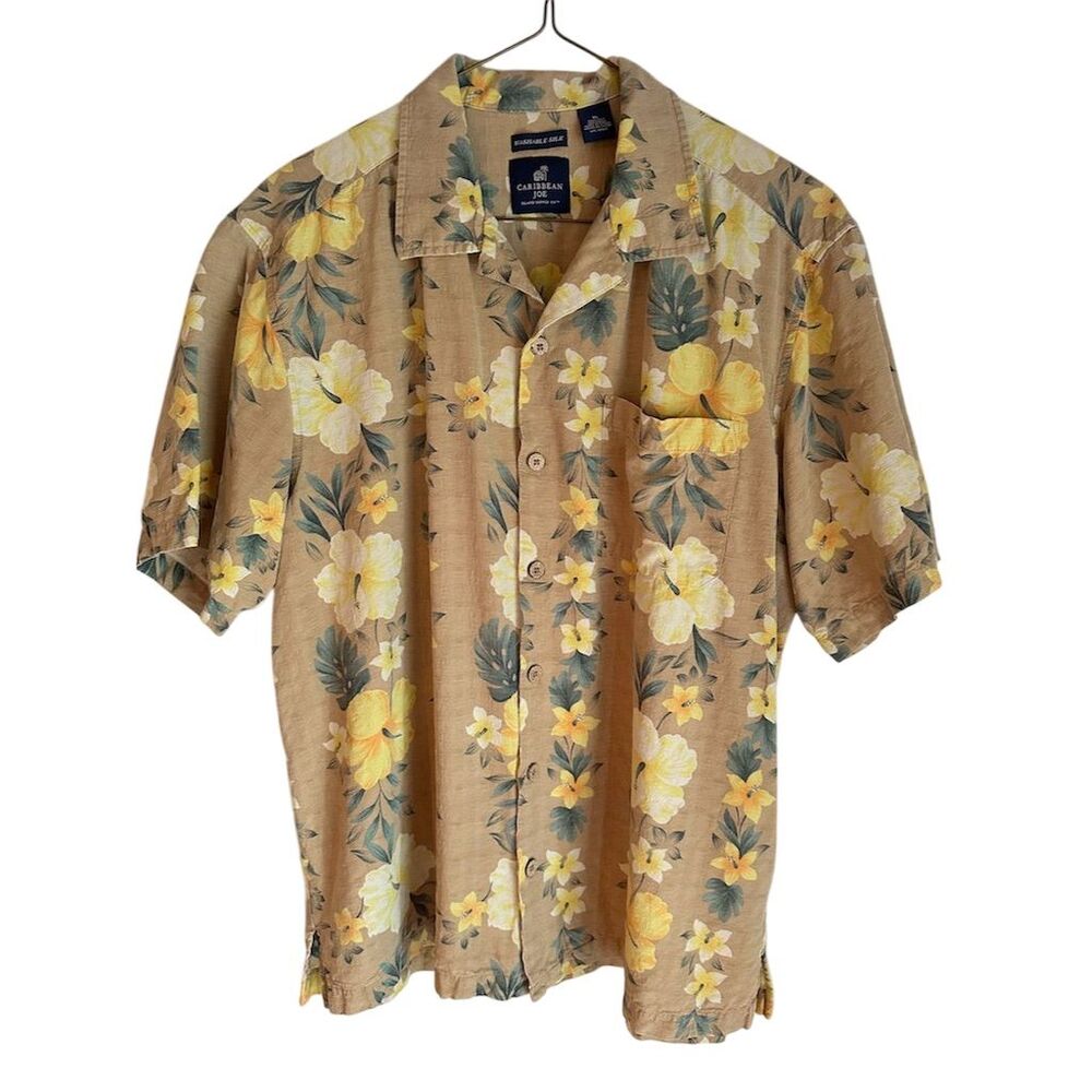 Caribbean Joe Men's‎ XL Floral Silk Hawaiian Shirt Short Sleeve Casual Tan